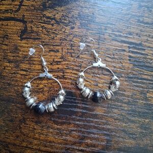 Silver Hoop Earrings with Black Beads